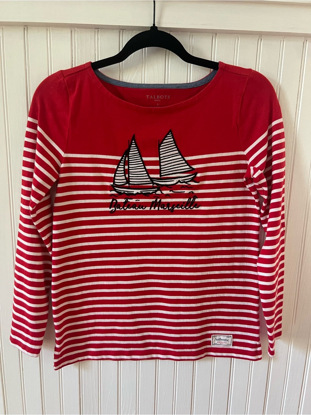 Talbots Petite (small) Bateau Marseille Sailboat Top Red Stripe Nautical Coastal